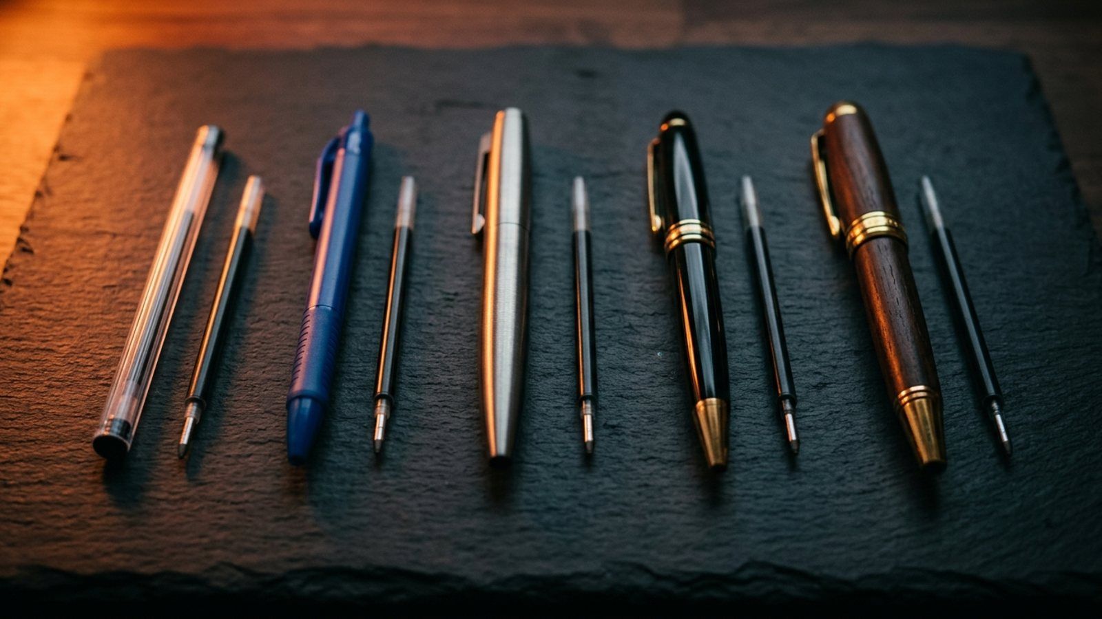 Five pens from a cheap plastic ballpoint to a gold-trimmed luxury pen, each lying beside an identical black ink refill on a slate surface.