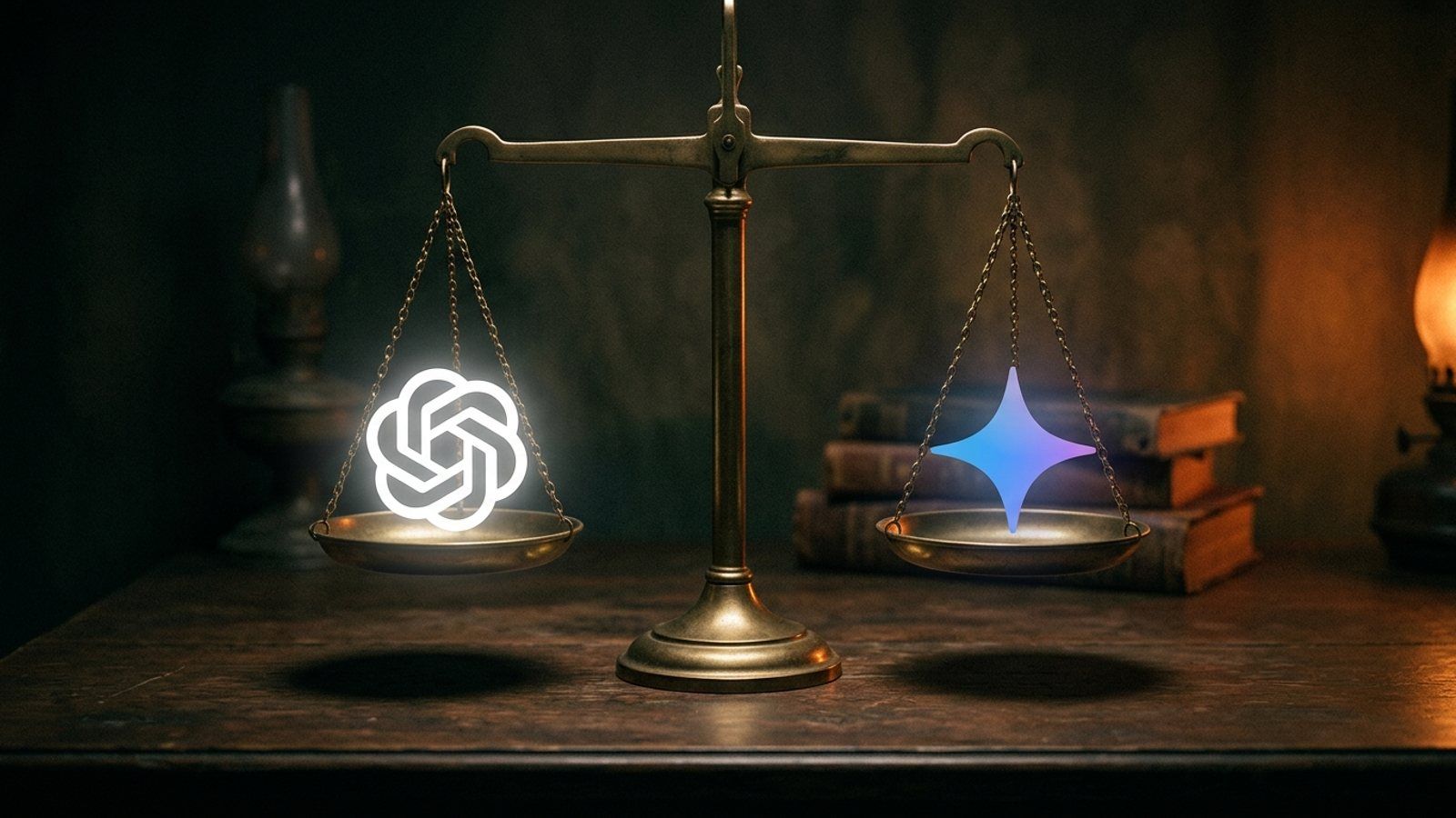 A brass balance scale held perfectly level, with the white OpenAI knot on one pan and the blue-violet Gemini star on the other.