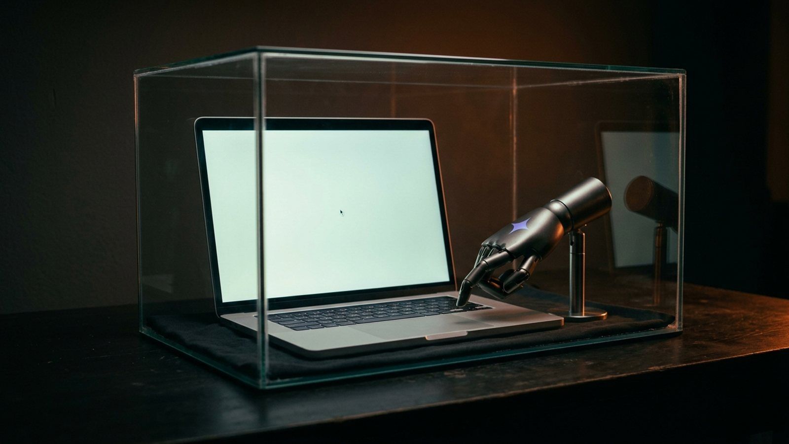 A robotic hand bearing the Gemini star presses the keys of a blank-screened laptop, both sealed inside a clear glass box.