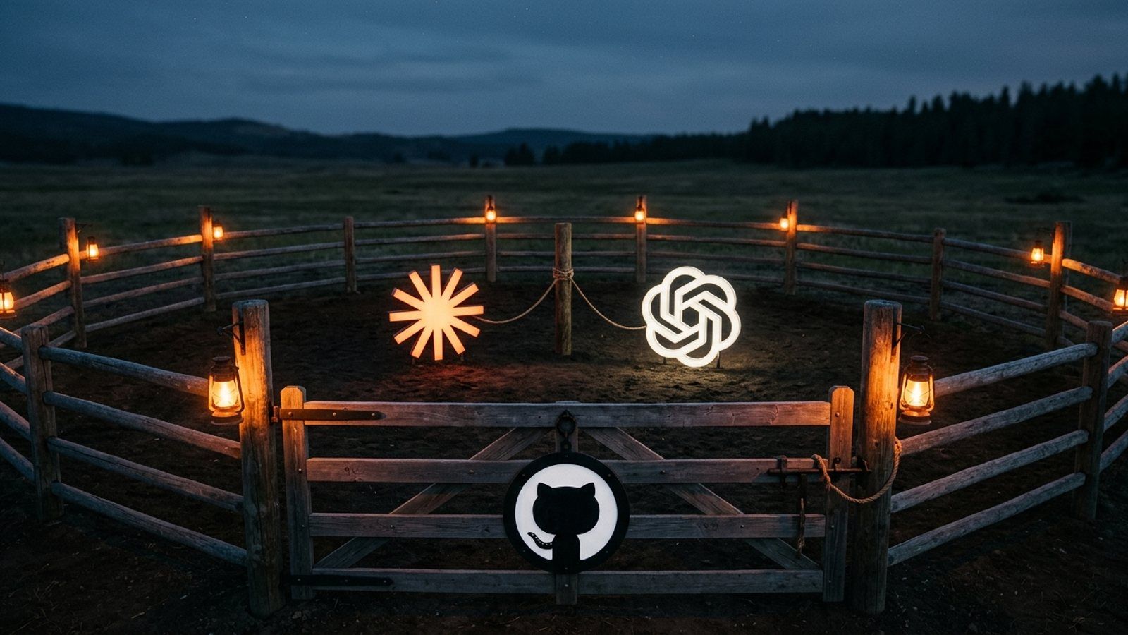 A lantern-lit wooden corral at dusk with the GitHub octocat on its gate, holding the orange Claude starburst and the white OpenAI knot tethered side by side to one post.