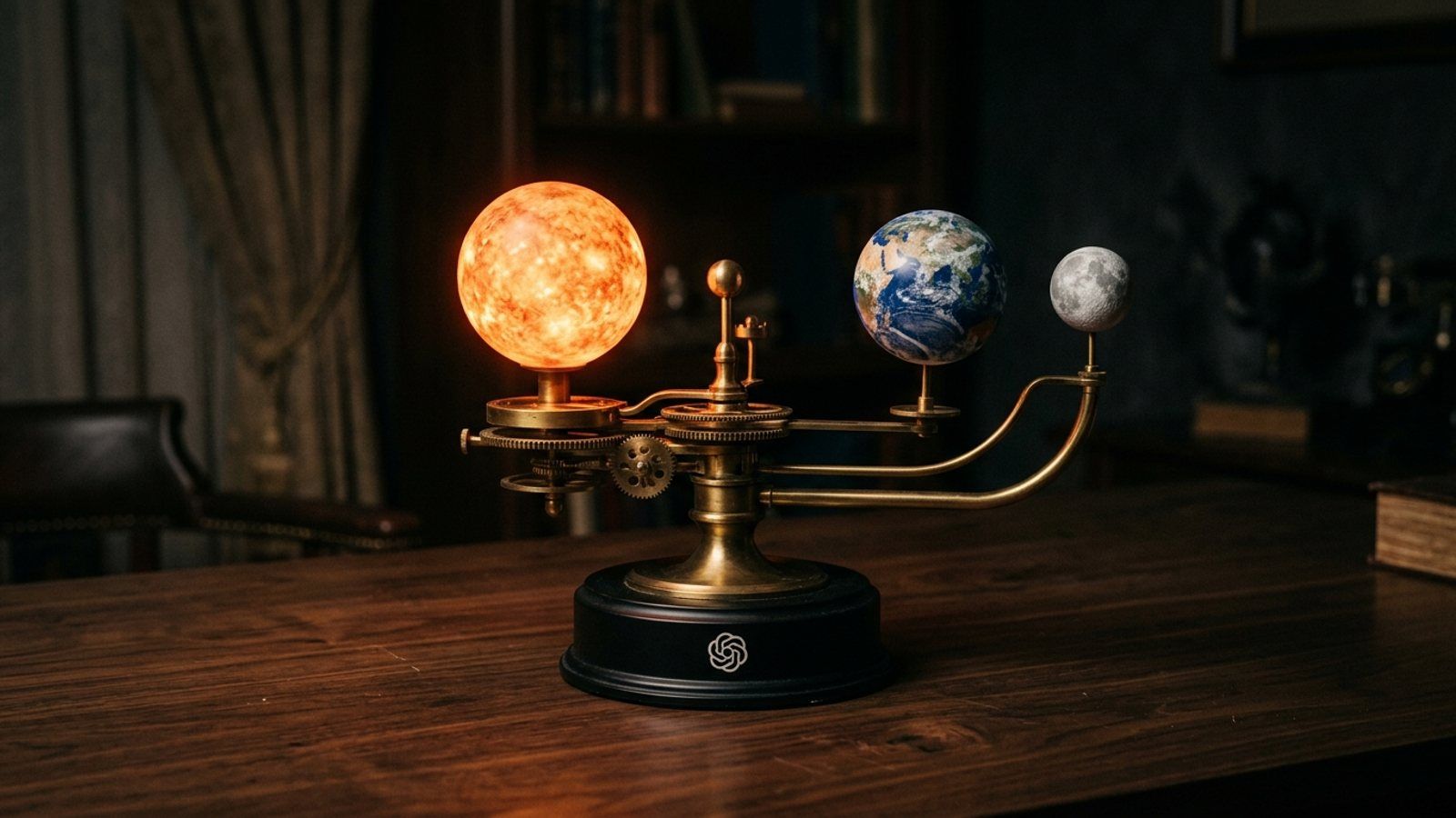 A brass orrery on a dark desk holding a glowing sun, an Earth and a small moon in descending size, with the OpenAI knot on its black base.