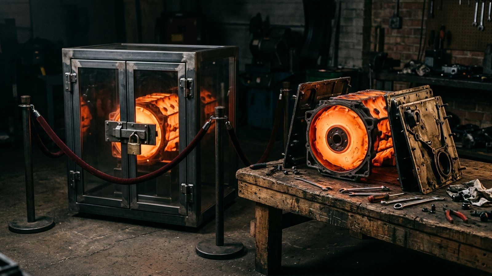 Two nearly identical glowing engines: one padlocked inside a glass vault behind a velvet rope, the other sitting open on a workbench with its casing off and tools beside it.