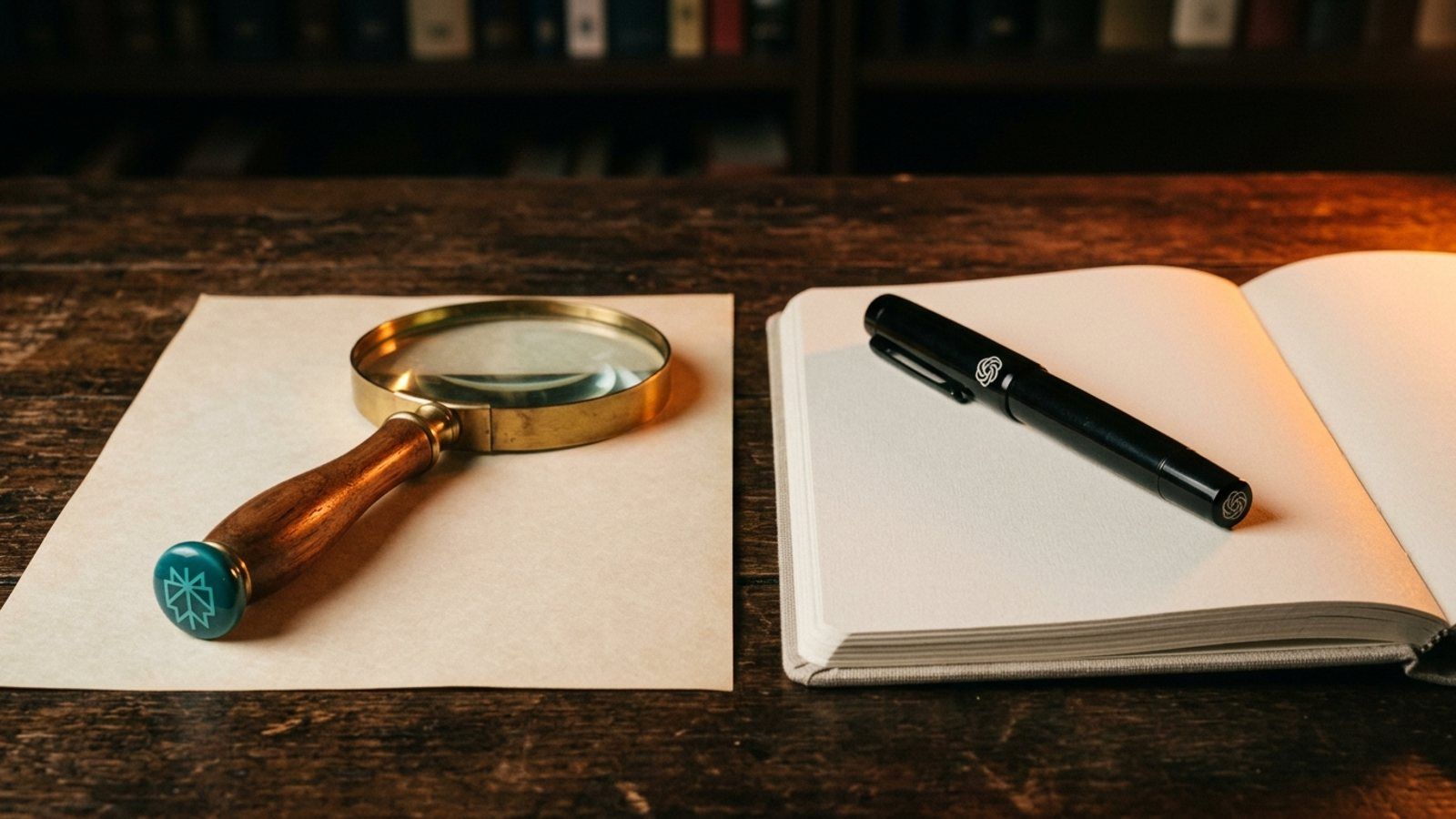 A brass magnifying glass with a teal Perplexity cap on a blank sheet, beside a black fountain pen bearing the OpenAI knot on an open notebook.