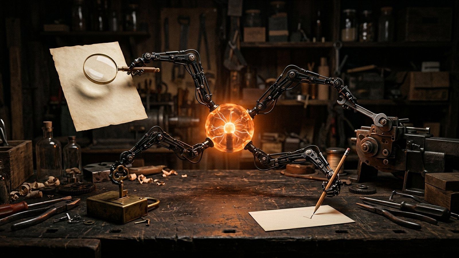 A glowing orange orb above a workbench, its four mechanical arms at once holding a magnifying glass, turning a key, marking a card with a pencil and tightening a bolt with a wrench.